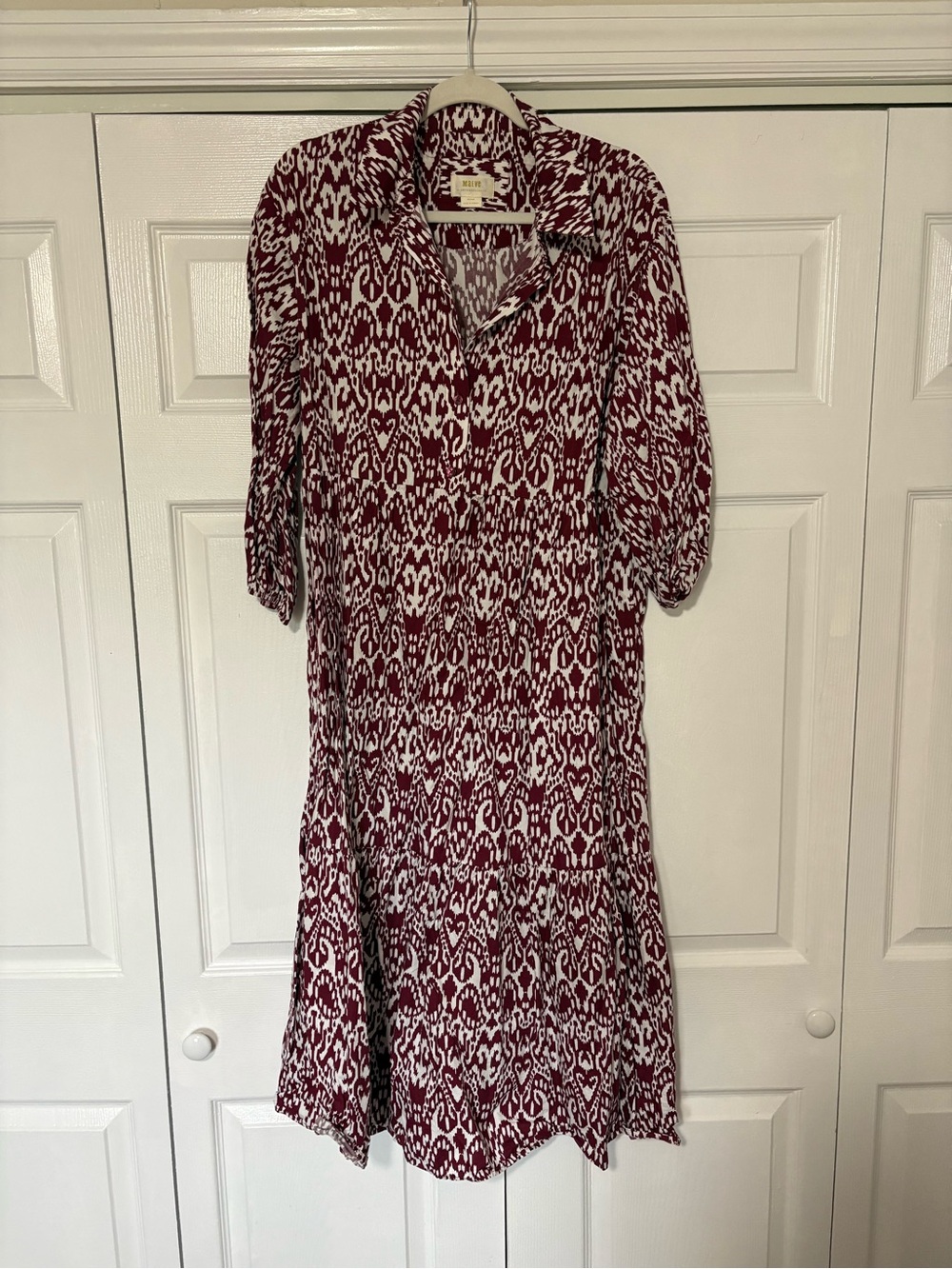 Anthropologie Burgundy and White Printed Midi Shirt Dress - Picture 2 of 4